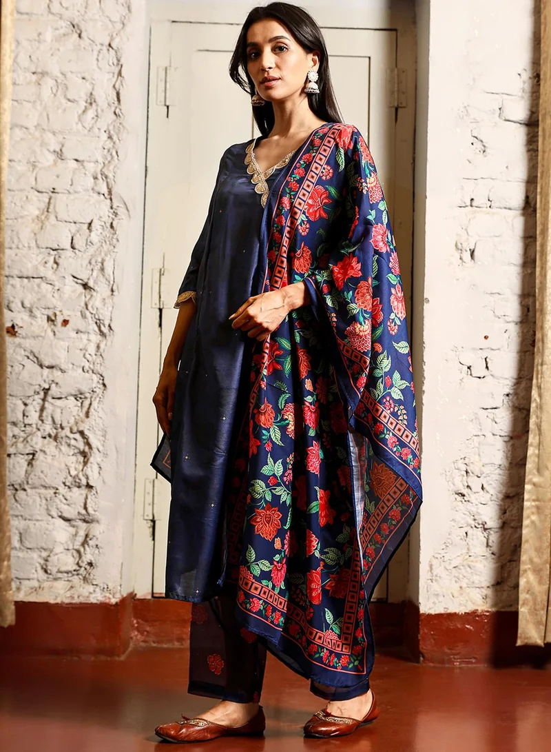 Qissa  Women's Navy Blue Botanical Block Kurta With Trousers & Dupatta For Casual Wear | V-Neck | Quarter Sleeve | 3 Piece Kurta Set Designed With Comfort Fit For Everyday Ethnic Wear for Women | Best Price UAE